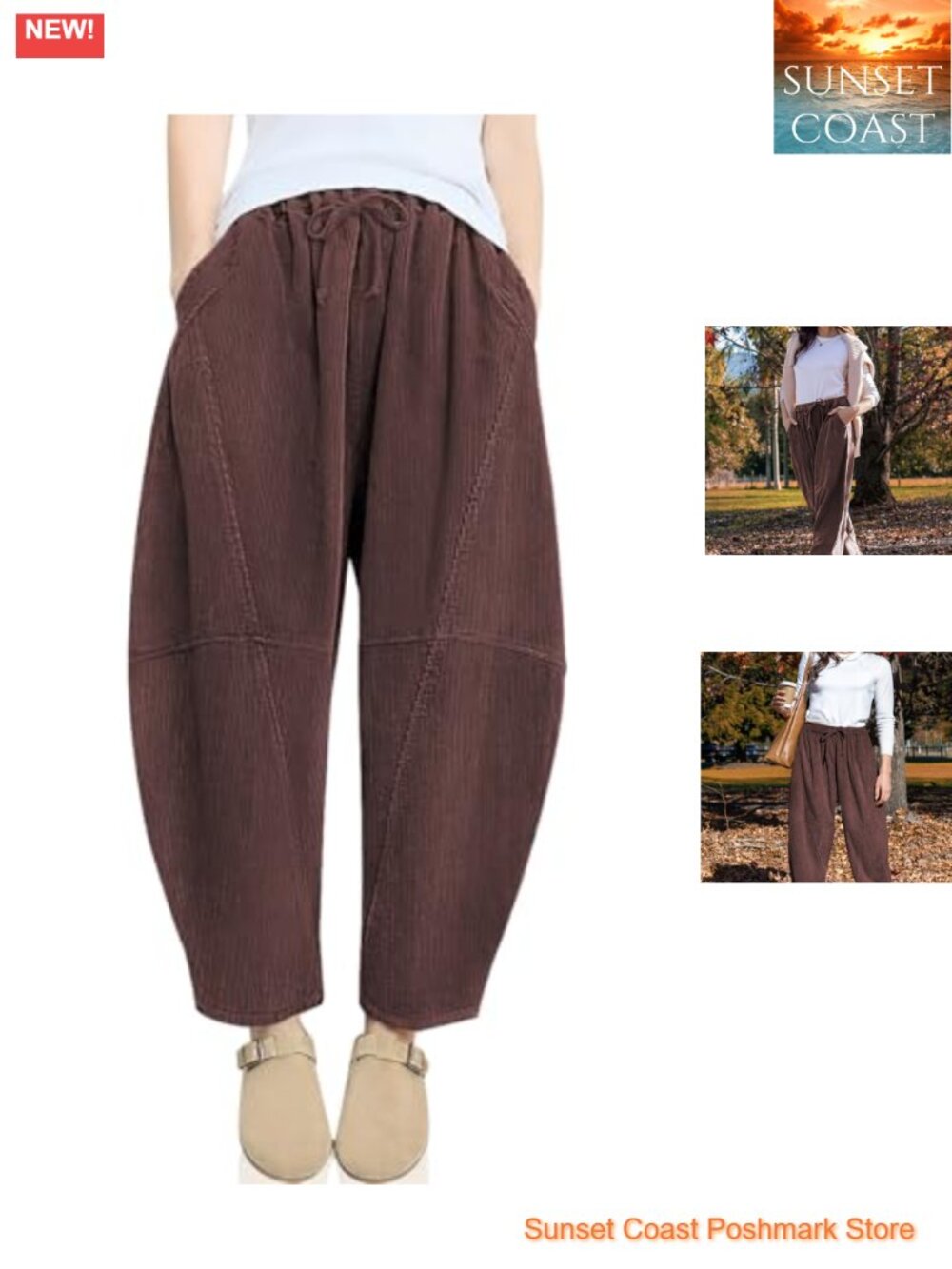 Womens Corduroy Baggy Harem Pants Wide Leg Elastic Waist Pockets Cropped